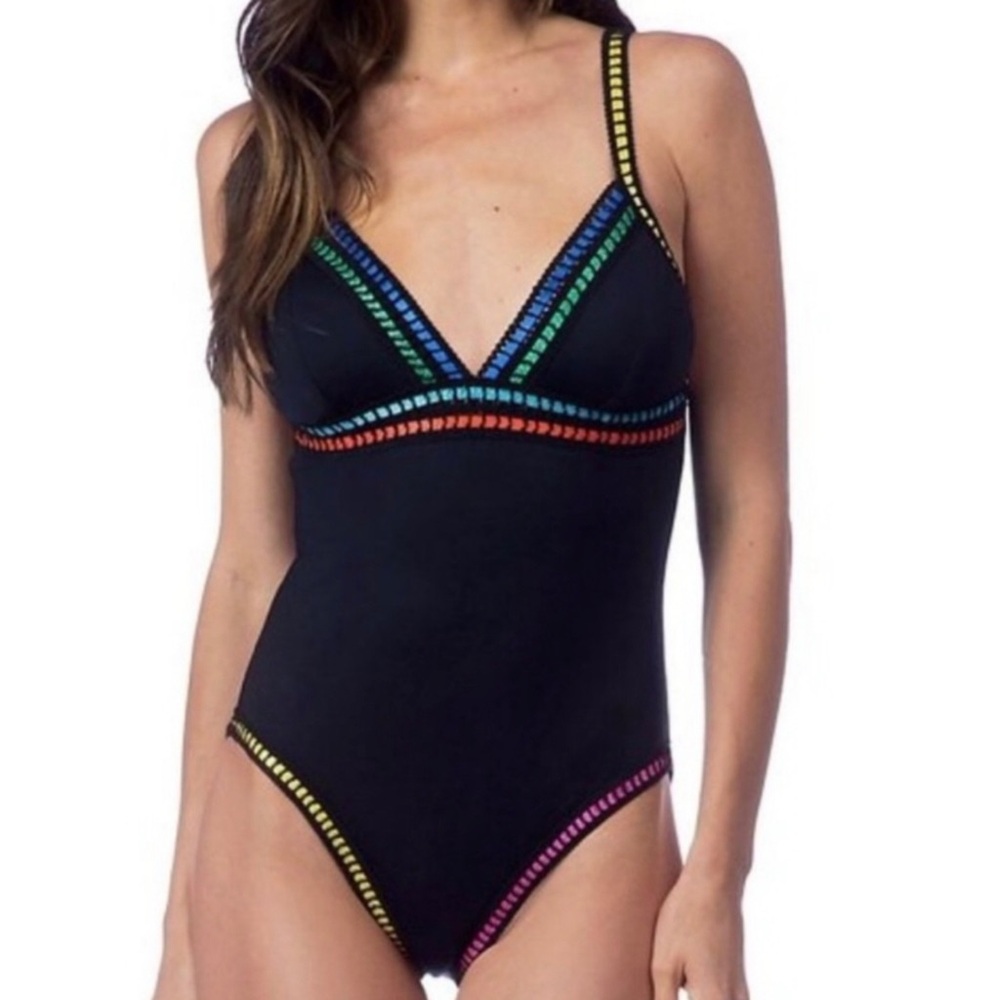 NWT La BLANCA Black One-Piece Swimsuit with Multi Color Trim Size 12